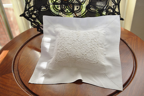 Mini Hemstitch Baby Envelope Pillows 8x8 Red color border [PILLOW ENVELOPE  WHT TRUE RED 8] - $22.99 : battenburg lace store, the home fashion center